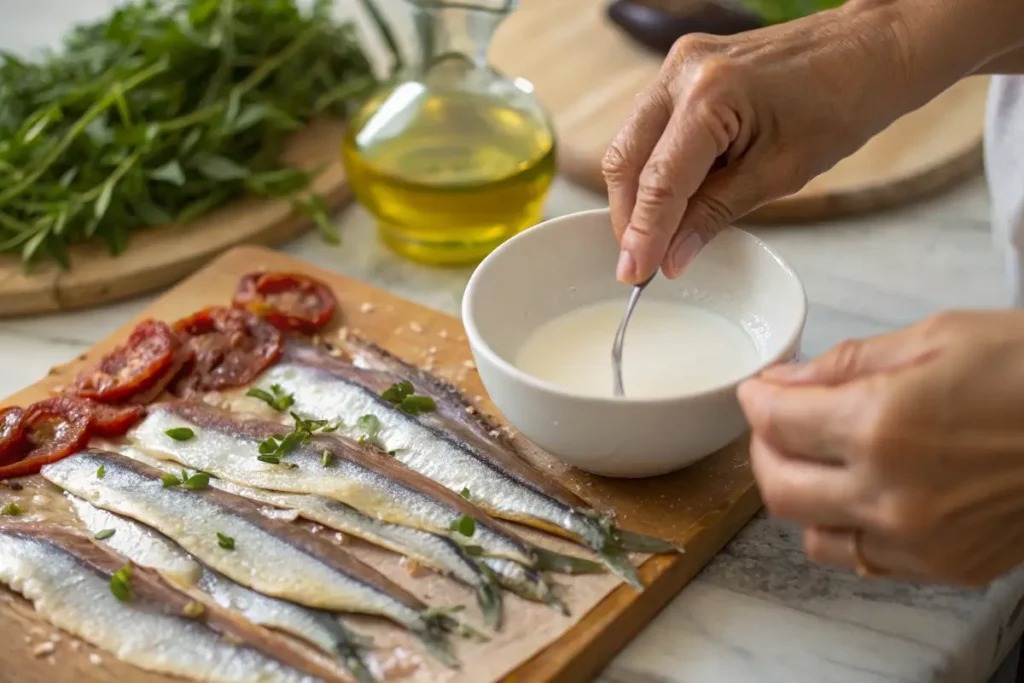Anchovy fillets being soaked in milk as part of the preparation process