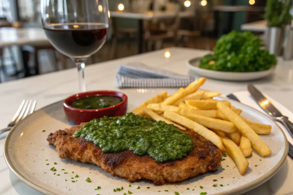 Milanesa steak with chimichurri, fries, and wine