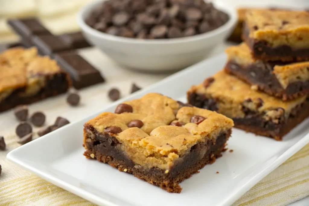Brookie recipe showing a gooey brownie base topped with a golden cookie crust, served on a white plate