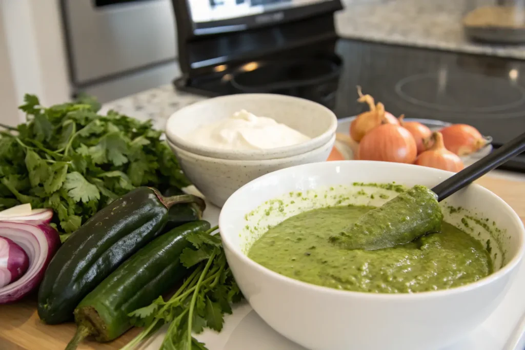 Blending roasted poblano peppers and onions for green spaghetti sauce