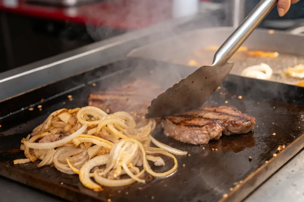 Cheesesteak cooking on a griddle