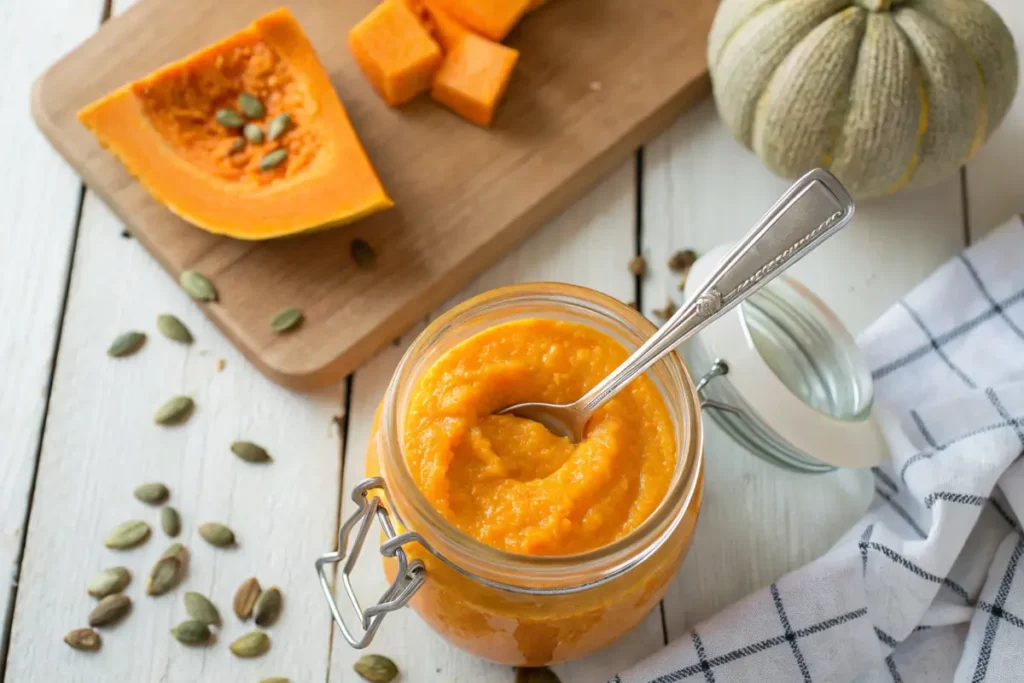 Pumpkin puree in a blender ready for use