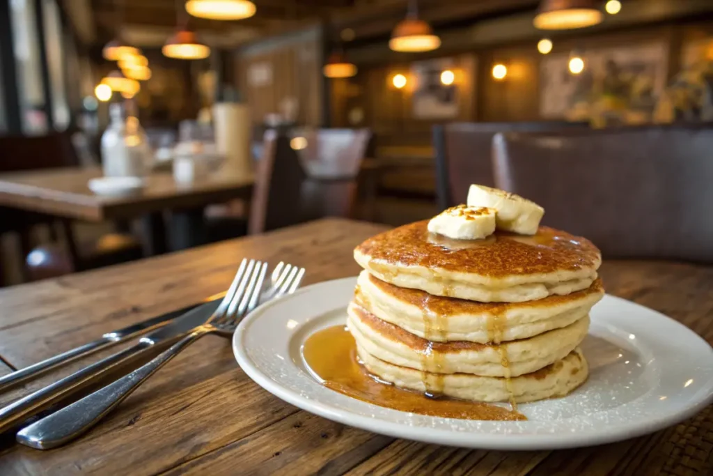 A perfectly flipped golden pancake on a pan