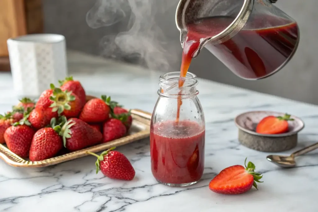 Strawberry syrup being poured into a glass bottle