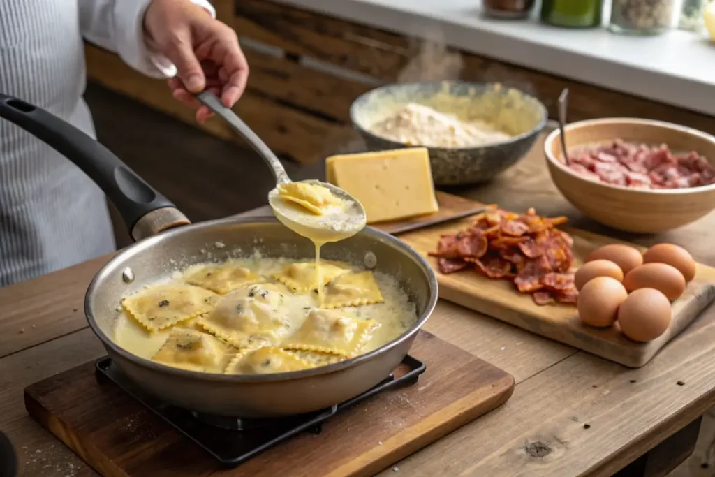 What is in the ravioli carbonara at Olive Garden