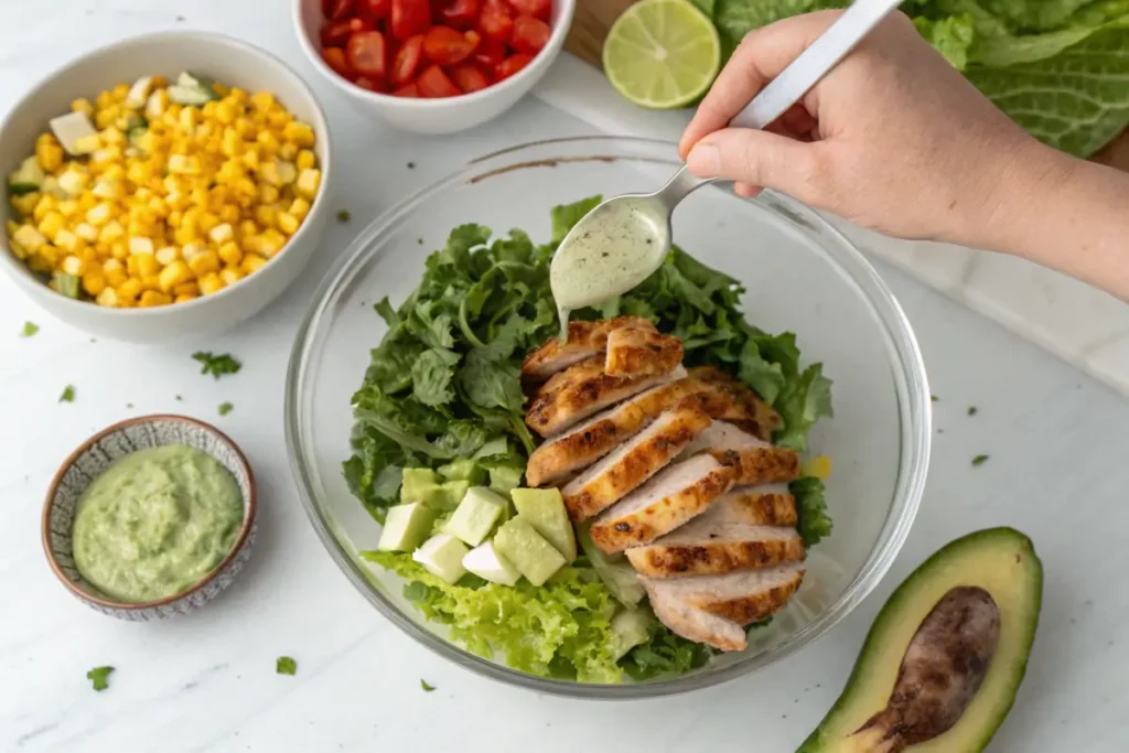 Assembling a Southwest salad with fresh ingredients and lime dressing