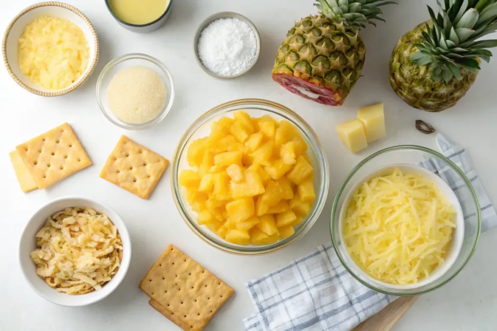 Ingredients for pineapple casserole laid out on a kitchen counter