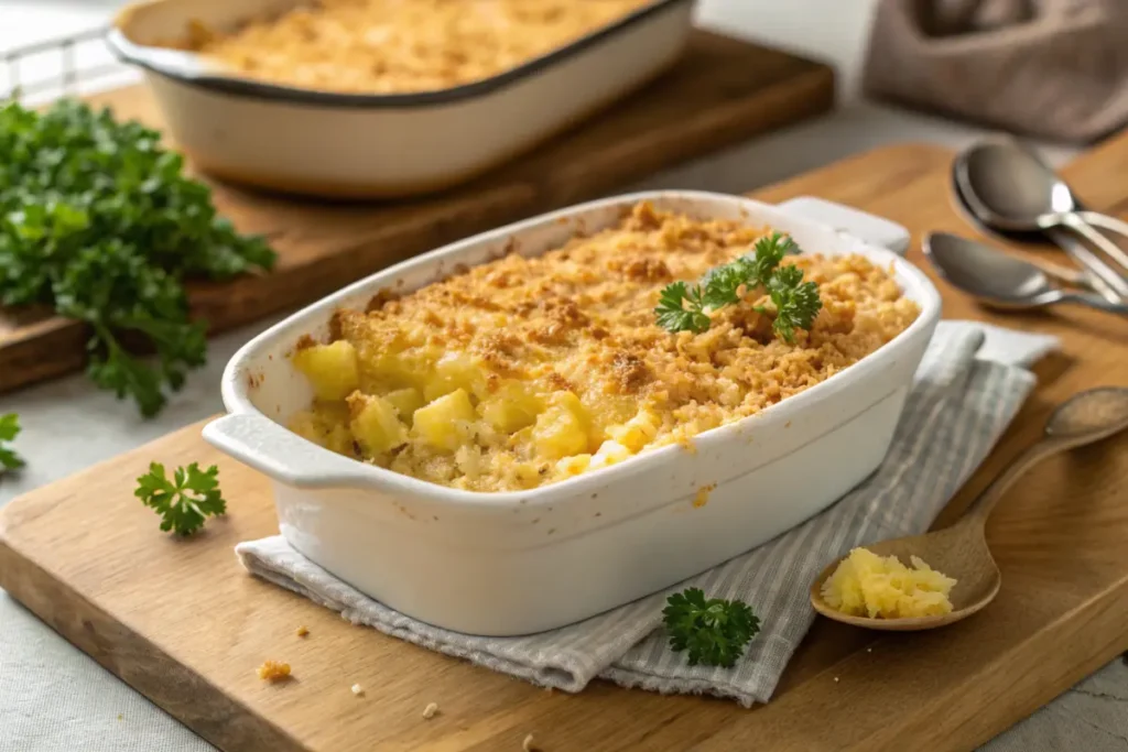 Freshly baked pineapple casserole with golden cracker topping