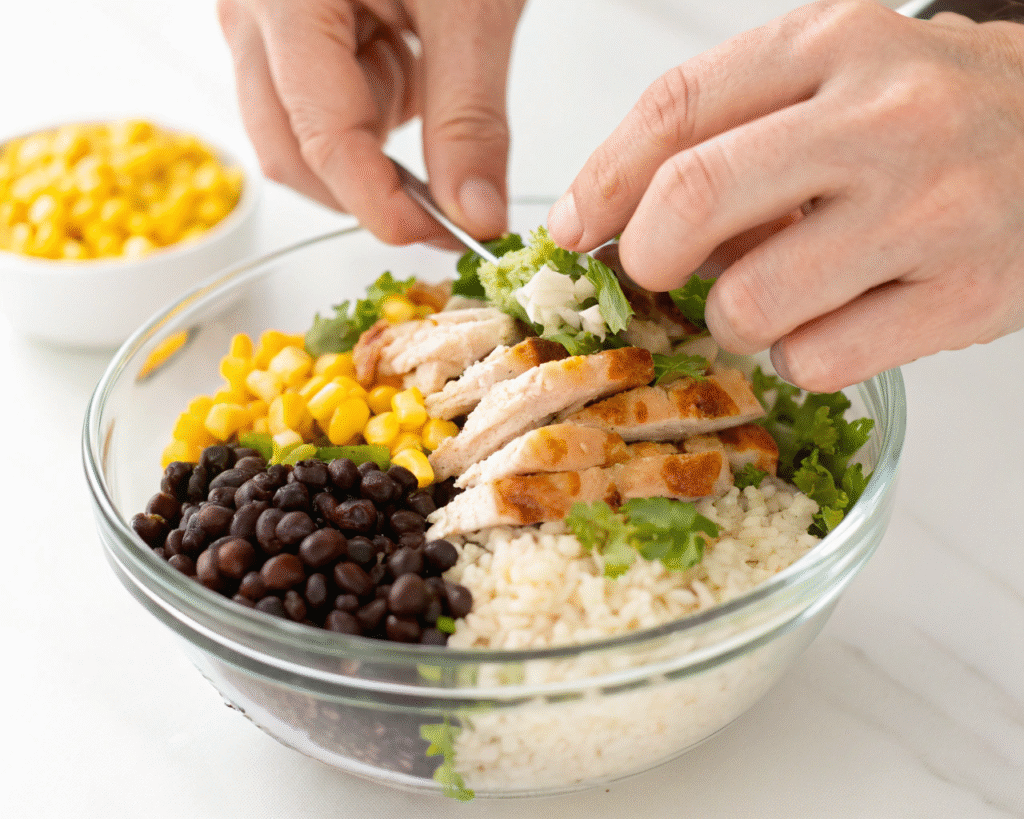 Assembling a colorful chicken burrito bowl step-by-step