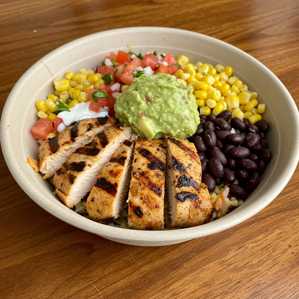 Chicken Burrito Bowl with colorful toppings