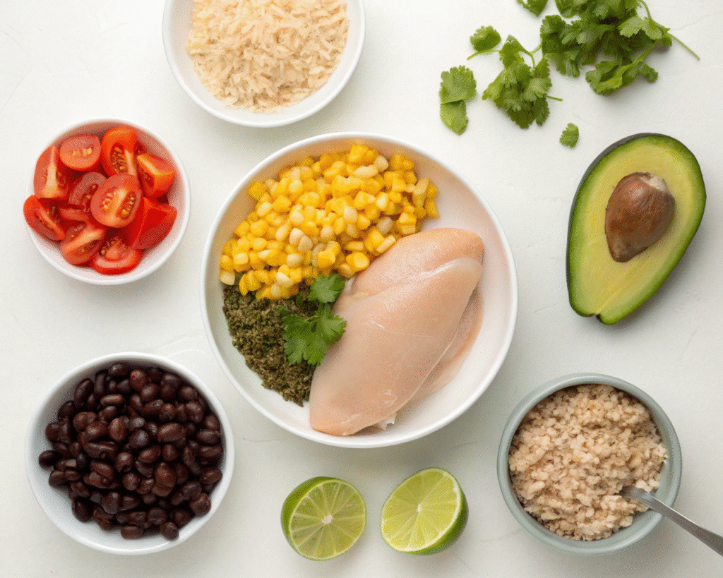 Fresh ingredients for a homemade chicken burrito bowl