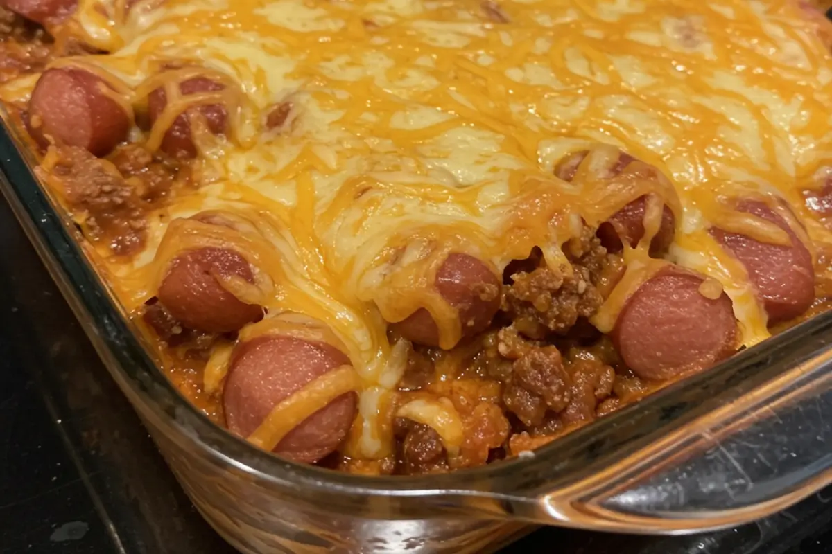 Fully loaded chili cheese dog casserole with melted cheddar