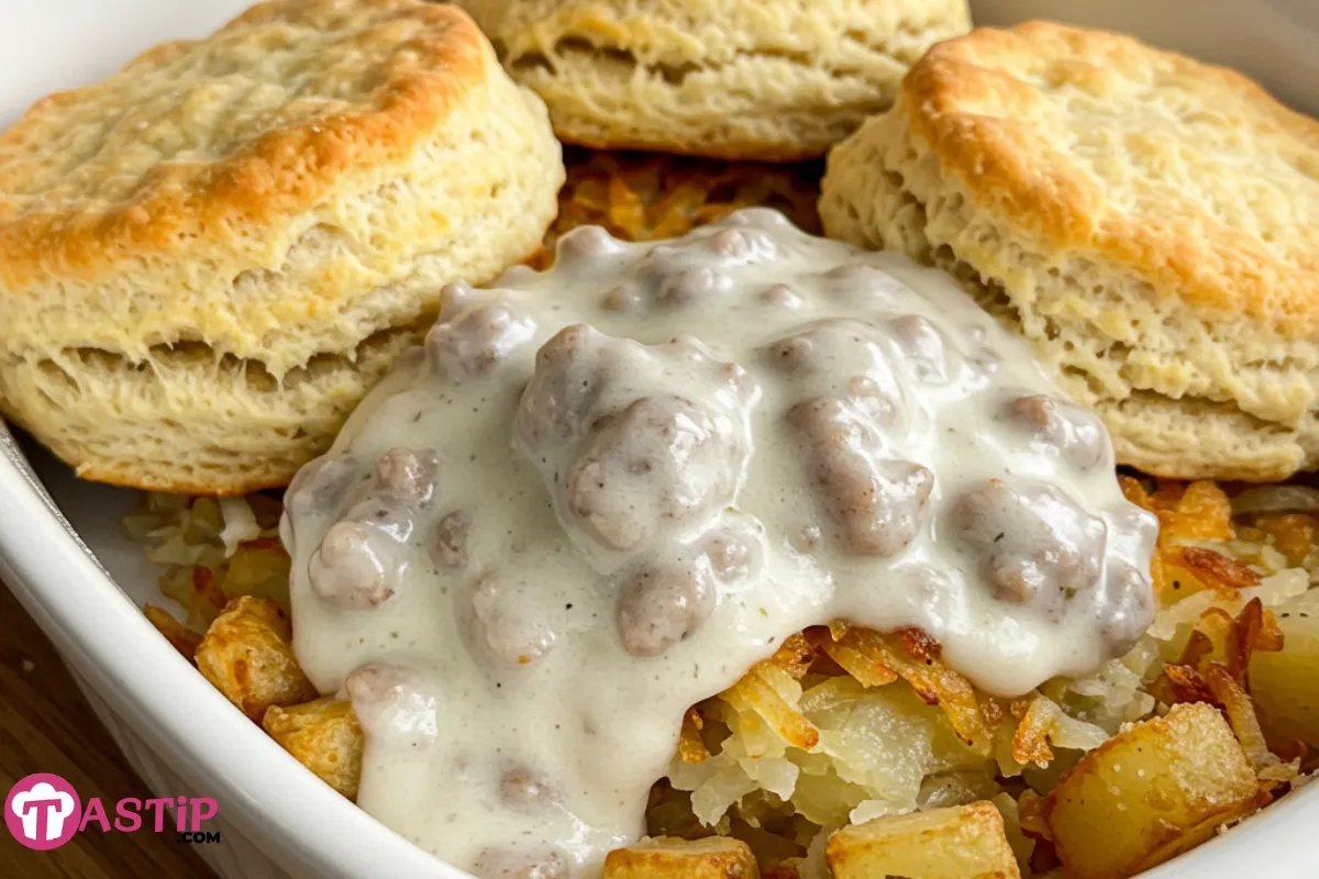 biscuits and gravy hashbrown casserole freshly baked