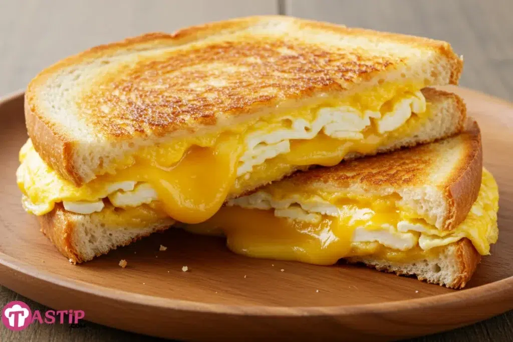 Breakfast grilled cheese with eggs sandwich on rustic plate