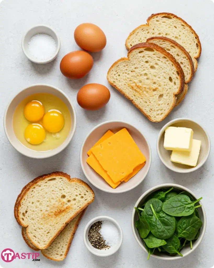 Ingredients for breakfast grilled cheese with eggs laid out on kitchen counter