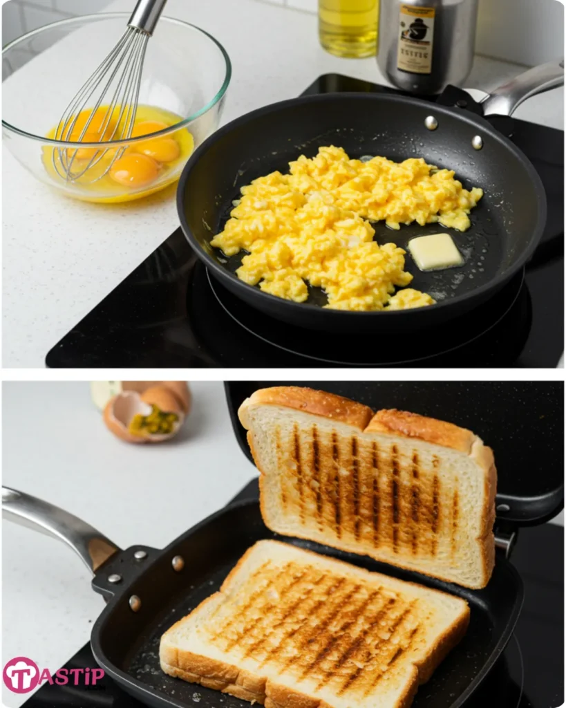 Steps for making breakfast grilled cheese with eggs: whisking eggs, scrambling in skillet, grilling sandwich
