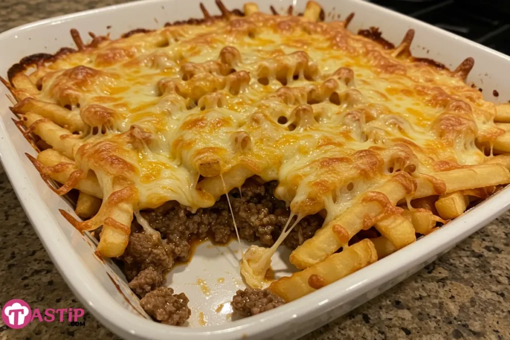 Cheeseburger French Fry Bake in casserole dish