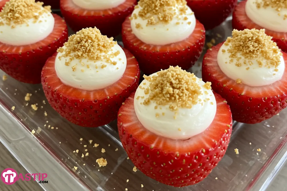 Cheesecake Deviled Strawberries served on a white platter