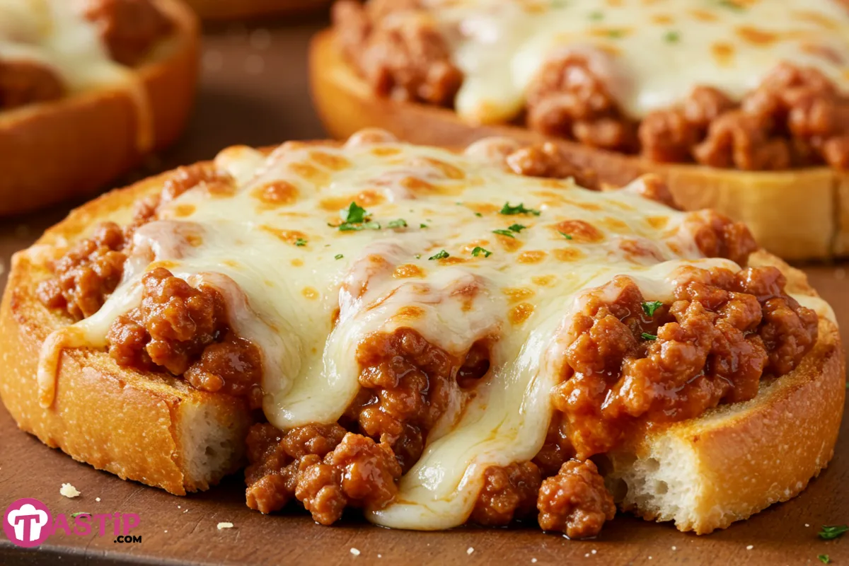 cheesy sloppy joe garlic toast with melted cheese and savory meat topping