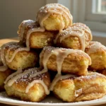 Cinnamon Roll French Toast Bites on plate with glaze and powdered sugar