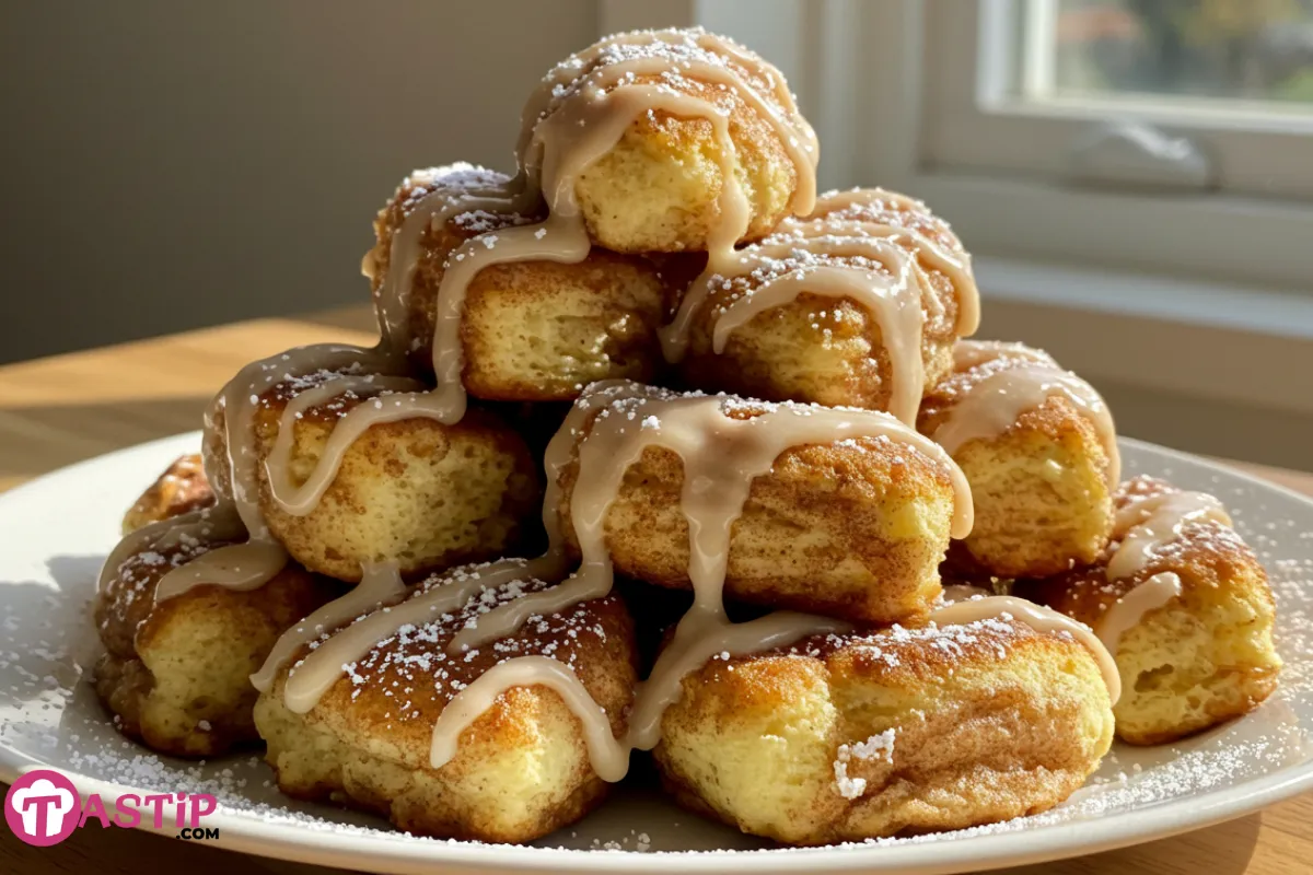 Cinnamon Roll French Toast Bites on plate with glaze and powdered sugar