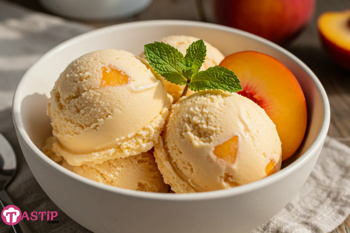 reamy Homemade Peach Ice Cream in waffle cone