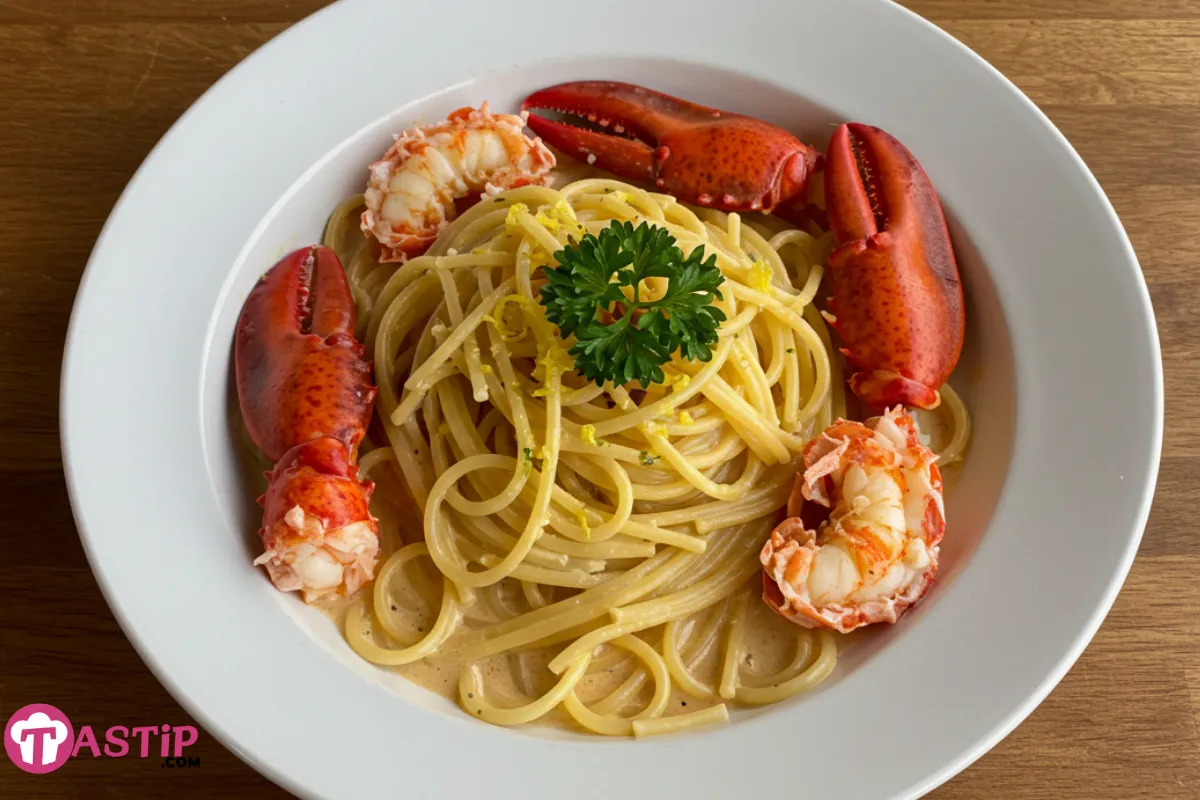 creamy lobster spaghetti served in a white bowl with lobster chunks and parsley