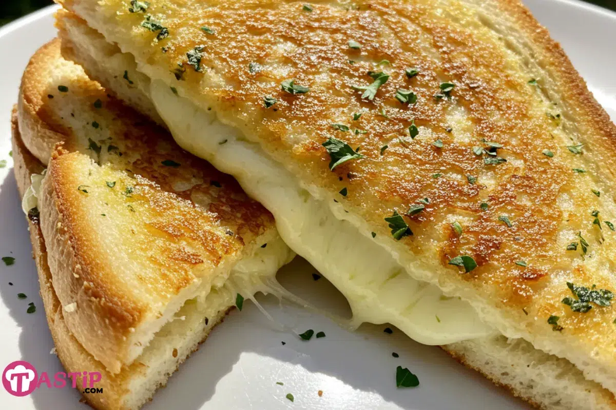 Garlic Bread Grilled Cheese sandwich sliced on white plate