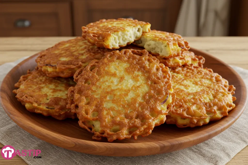 Crispy Amish Onion Fritters on rustic plate