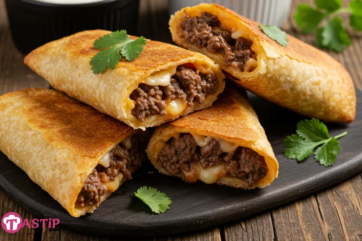 Crispy beef and cheese chimichangas on a rustic plate