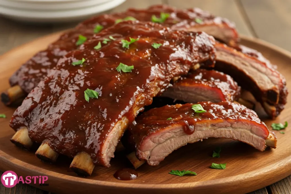 Crockpot barbecue ribs with rich sauce on wooden platter
