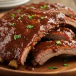 Crockpot barbecue ribs with rich sauce on wooden platter
