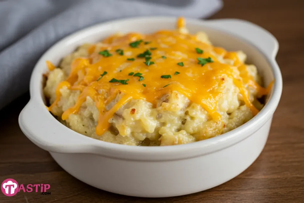 Crockpot Cheesy Potatoes with melted cheddar cheese and parsley garnish