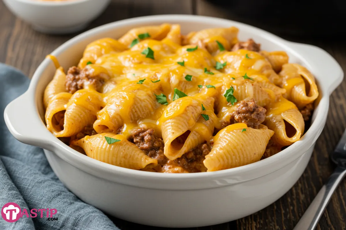 Crockpot Cheesy Ranch Beef Pasta Shells in rustic white bowl