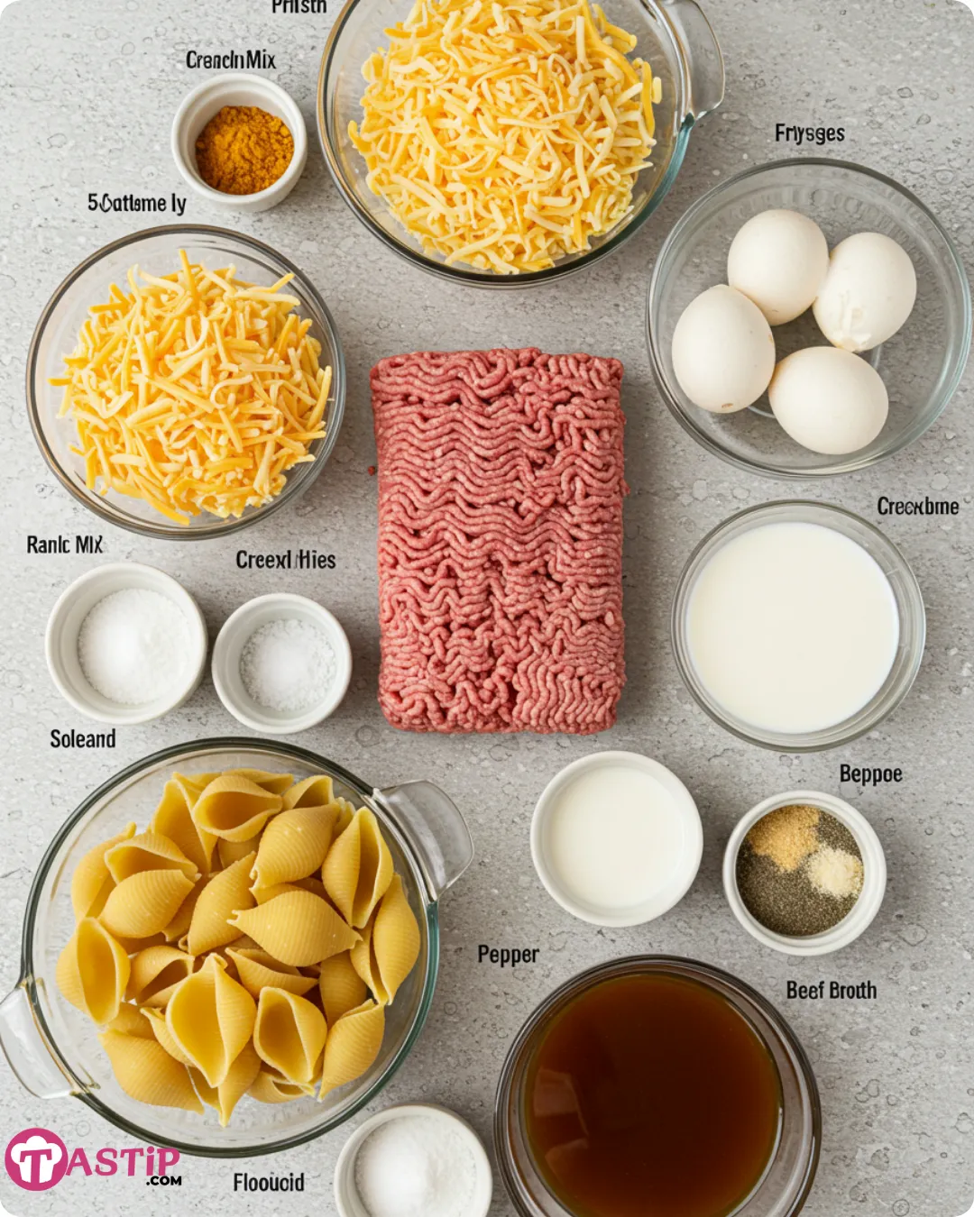 Ingredients for Crockpot Cheesy Ranch Beef Pasta Shells