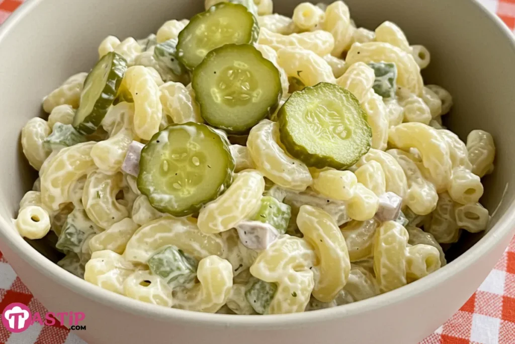 Dill Pickle Macaroni Salad in summer setting
