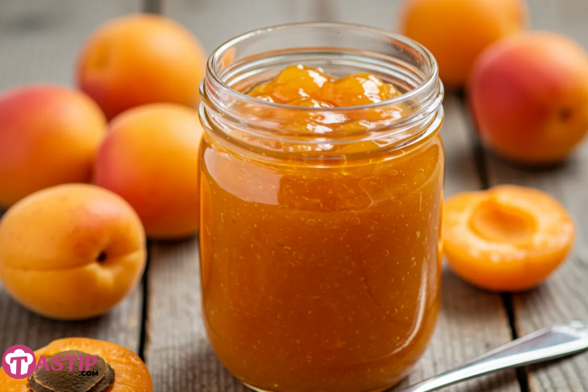 Easy no-cook apricot freezer jam in a jar with fresh apricots