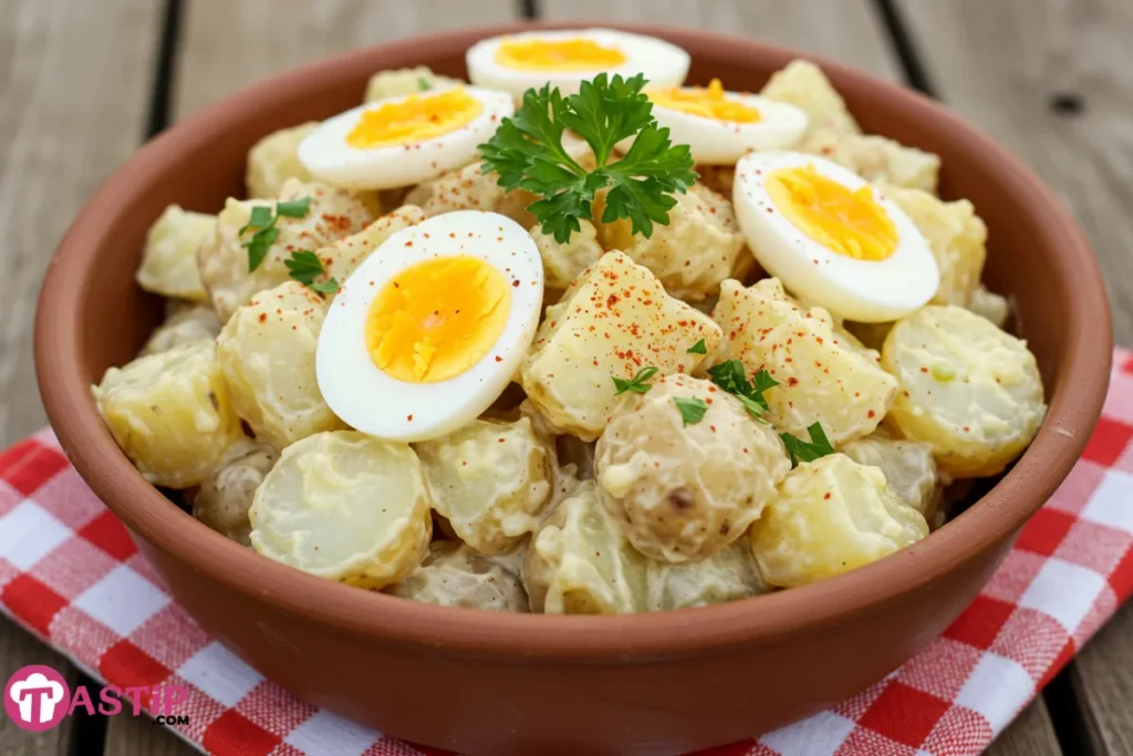 Easy Southern Potato Salad with Egg served in a rustic bowl
