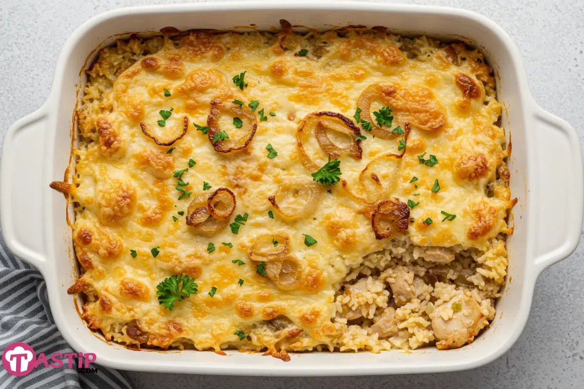 French Onion Chicken Rice Casserole baked golden in a white dish