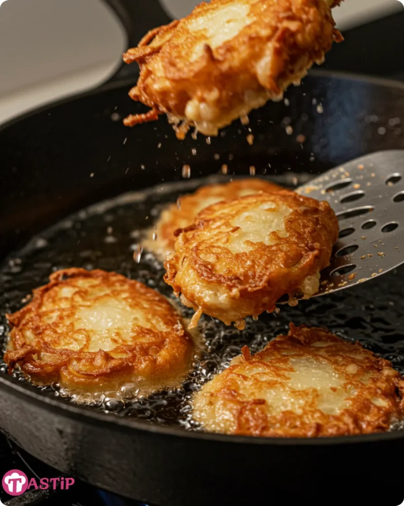 Frying Amish onion fritters in cast iron pan