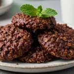 Fudgy mint chocolate no-bake cookies stacked on a white plate