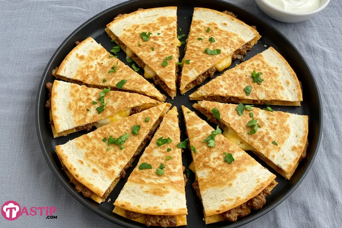 Ground beef cheesy quesadillas with melted cheese on a plate
