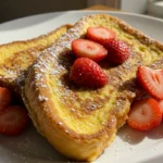 Hawaiian Roll French Toast with powdered sugar and fresh strawberries