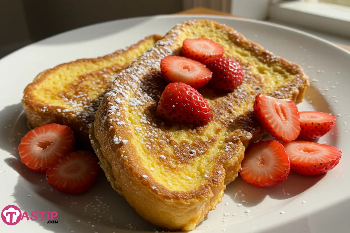 Hawaiian Roll French Toast with powdered sugar and fresh strawberries