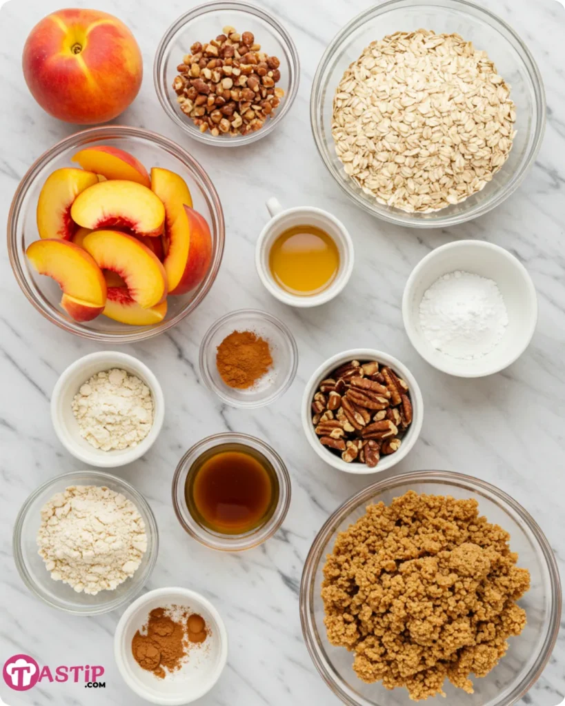 Ingredients for healthy peach crisp recipe displayed on a countertop