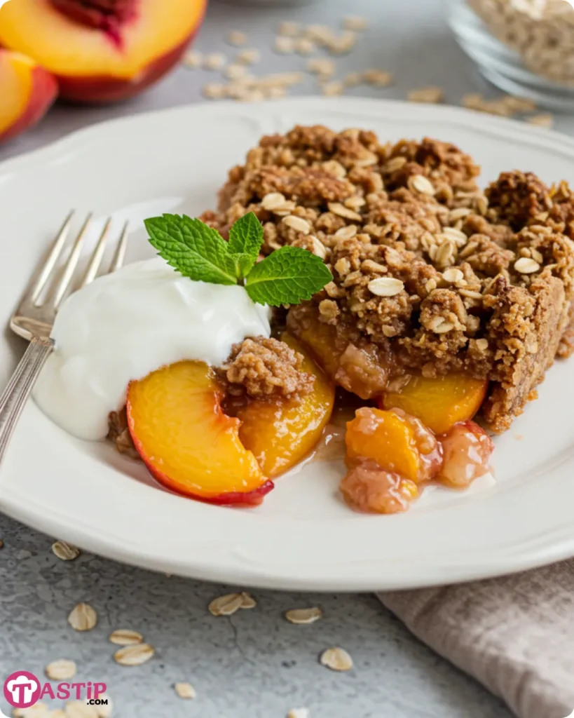 Healthy peach crisp served with yogurt
