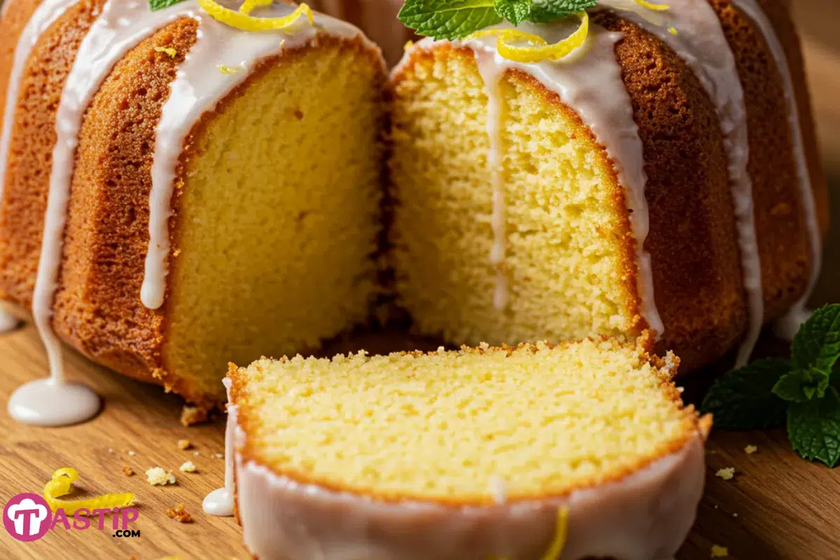 lemon cream cheese pound cake on white stand