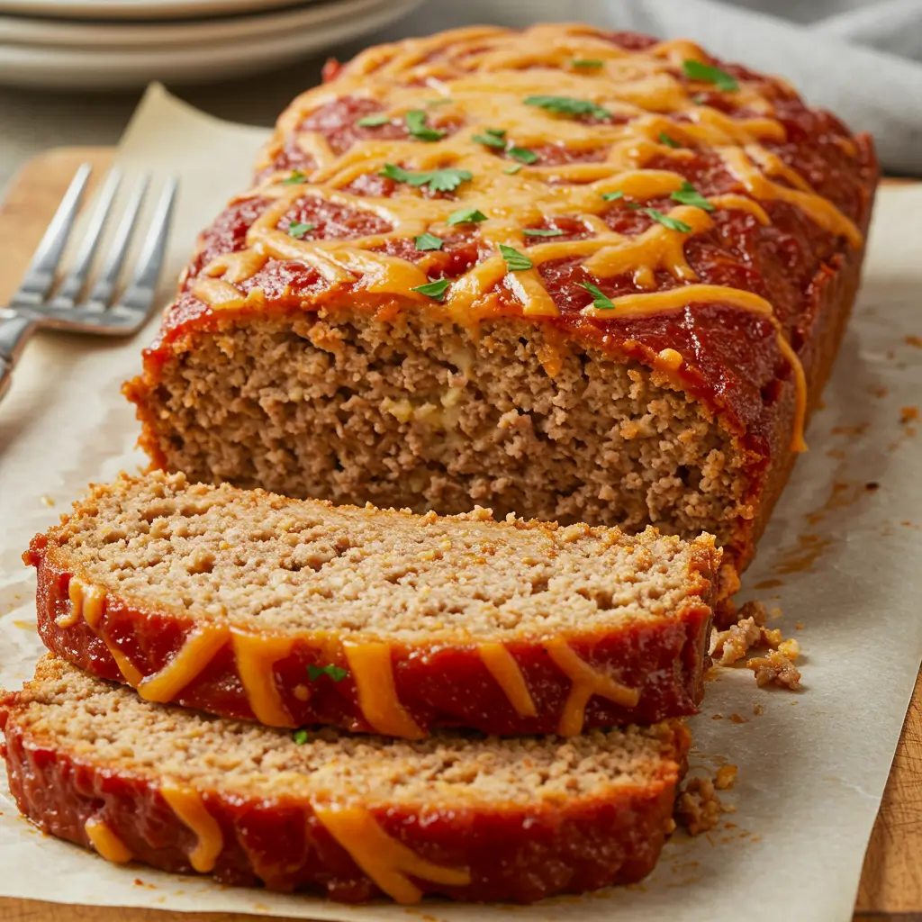 Mexican Meatloaf fresh out of the oven with melted cheese and salsa glaze