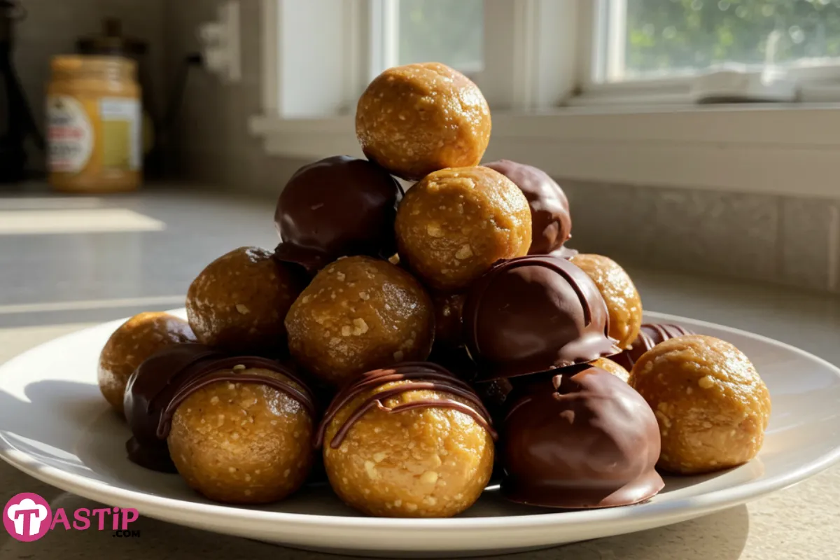 Chocolate-covered No-Bake Peanut Butter Balls on white plate