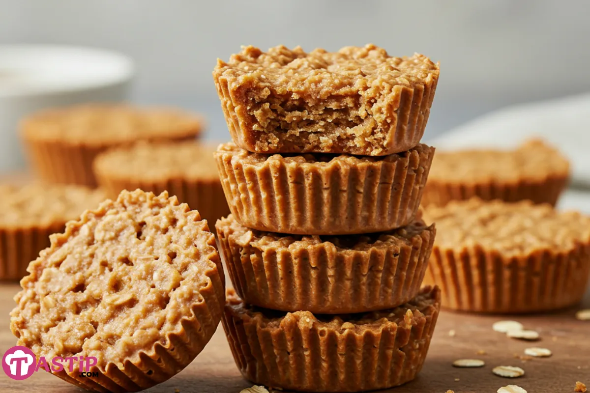 No bake peanut butter oat cups stacked on rustic board